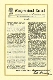 1987年美國參議院友人贈經國先生連任三週年賀詞。